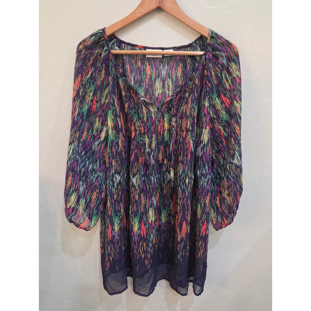Liz Claiborne Woman Abstract Print Chiffon Tunic Blouse 1X Multi Color Tie Neck